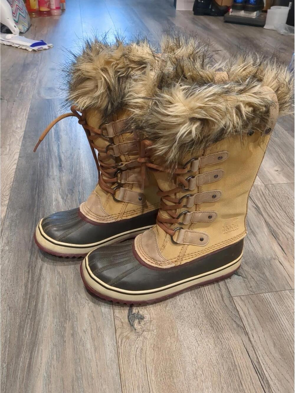 Sorel Joan Of Arctic Tall Boots Womens 7 Suede Faux Fur Waterproof Lace Up Navy